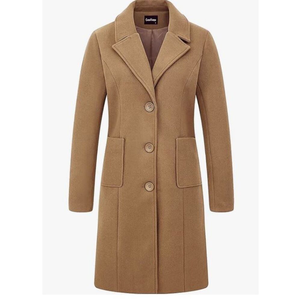 Women's Camel Wool Blend Notch Lapel Single Breasted Mid-Long Coat Sz M